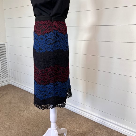 Karl Lagerfeld Blue, Black & Maroon Lace Midi Pencil Skirt Size 8 - Picture 5 of 9